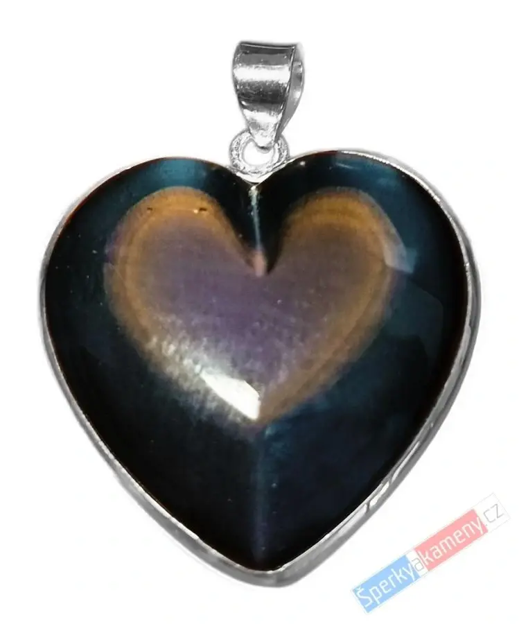 Stříbrný přívěsek (Ag 925/1000) s duhovým obsidiánem QAA, srdce cca 37 x 36 mm, "srdce princezny z duhových skal II" (OBD1212P)