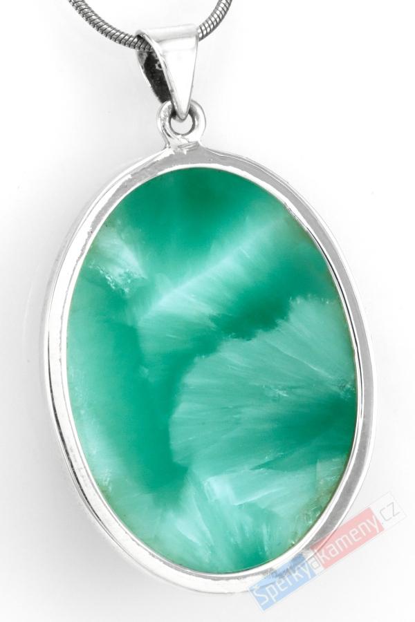 Větší stříbrný přívěsek (Ag 925/1000) s pektolitem QAA, ovál cca 40 x 30 mm, nádherné probarvení s mléčnou opalizací, "něžné pohlazení", RARITA (PK1815P)