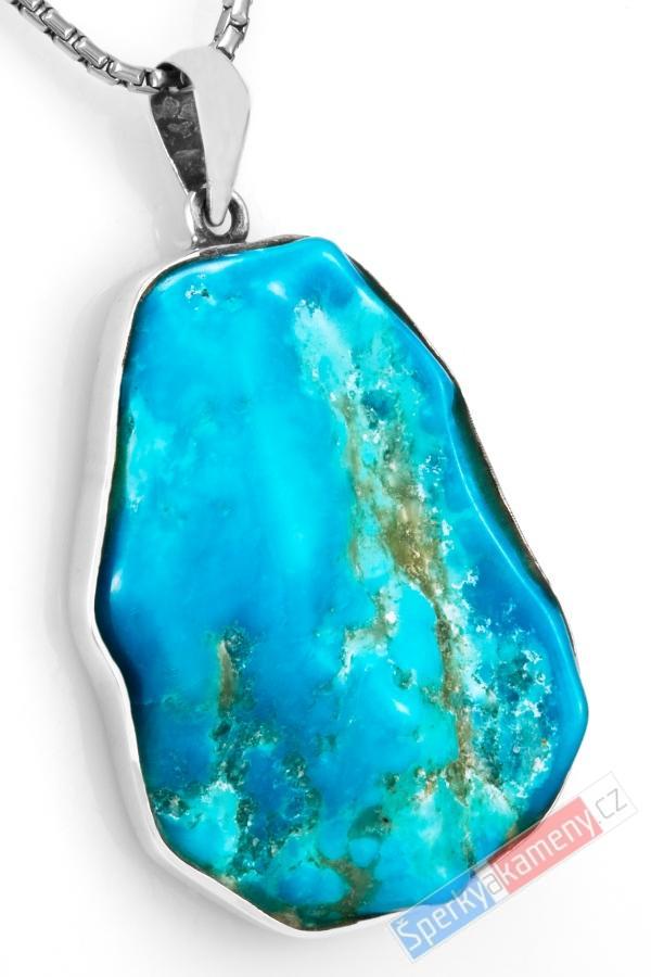Větší stříbrný přívěsek (Ag 925/1000) s arizonským tyrkysem QA, přírodně tvarovaný plátek cca 41 x 29 mm, RARITA (TYS2121P)