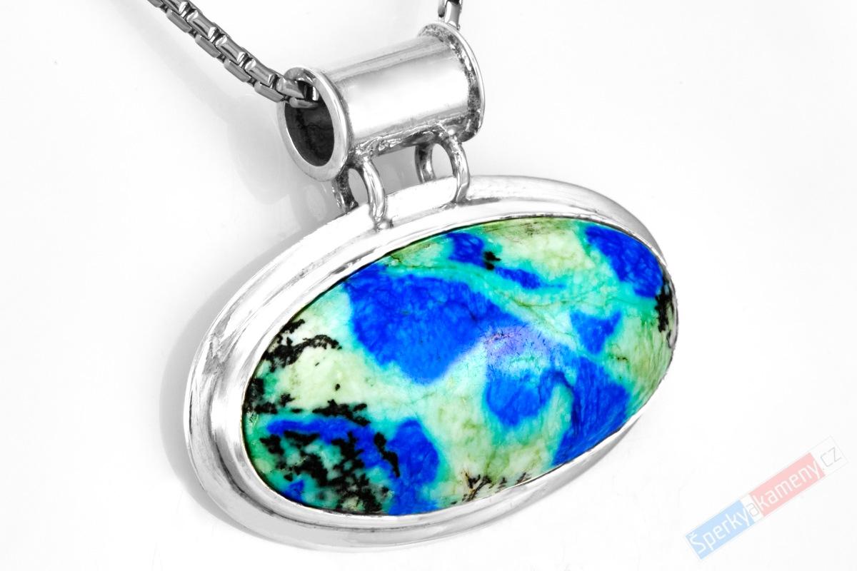 Stříbrný přívěsek (Ag 925/1000) s azuritem v tyrkysu QA, cca 24 x 40 mm, "obrazy přírody", RARITA (AZT1451P)