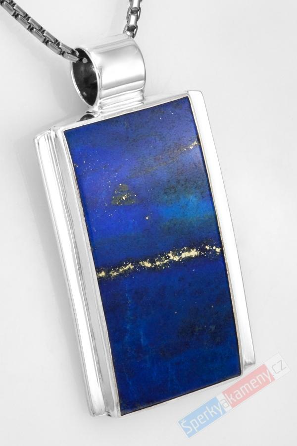 Větší unisex stříbrný přívěsek (Ag 925/1000) s lapisem lazuli QAA, cca 40 x 25 mm, nádherná barva s prorosty pyritu, "hvězdná dráha na noční obloze" (LL1551P)