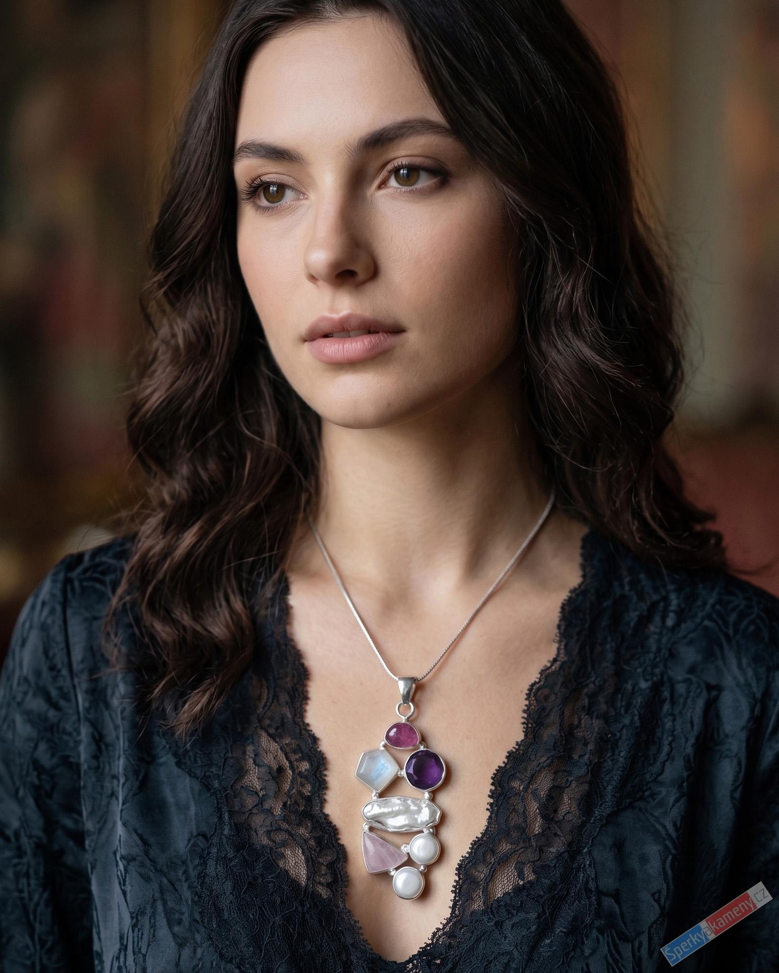 Originální větší stříbrný přívěsek (Ag 925/1000) v boho stylu s rubínem, ametystem, růženínem, měsíčním kamenem a perlami QA, cca 44 x 24 mm, "šperk mořské princezny z Lakadivského moře" (BH1823P)
