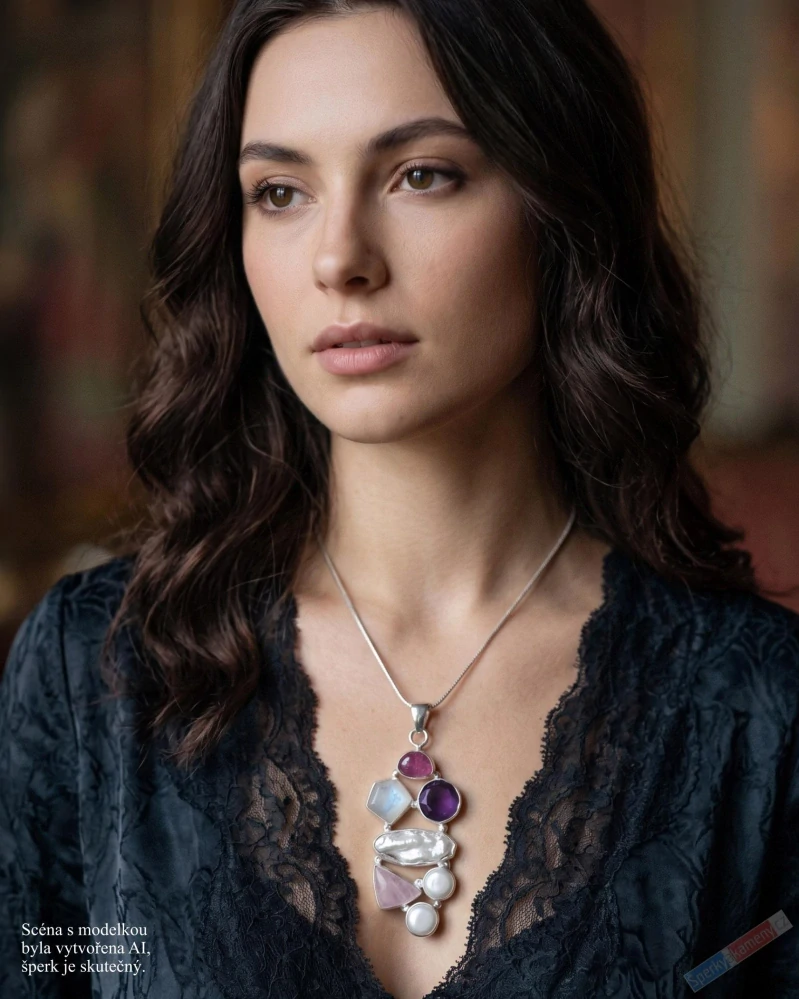 Originální větší stříbrný přívěsek (Ag 925/1000) v boho stylu s rubínem, ametystem, růženínem, měsíčním kamenem a perlami QA, cca 44 x 24 mm, "šperk mořské princezny z Lakadivského moře" (BH1823P)