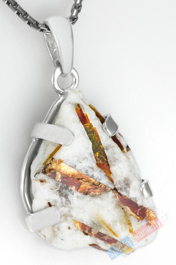 Unisex stříbrný přívěsek (Ag 925/1000) s přírodním astrofylitem QAA, nepravidelná kapka cca 30 x 20 mm, "harmonie čaker III", RARITA (ASF1002P)