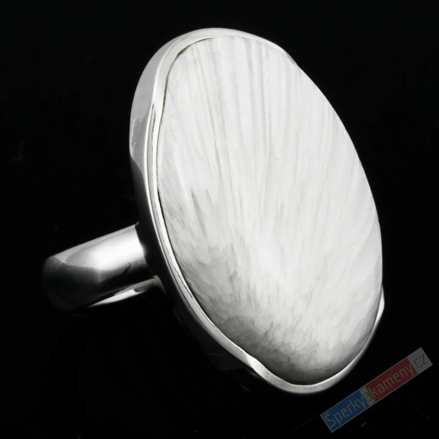 Velký stříbrný prsten (Ag 925/1000) s bílým skolecitem QAA, vel. kamene cca 31 x 21 mm, "andělská křídla", VELIKOST 57/58, RARITA (SC2118R)