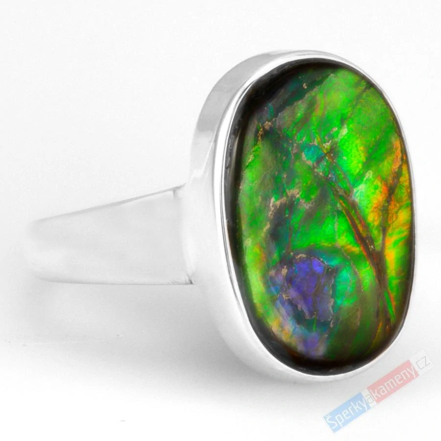 Stříbrný prsten (Ag 925/1000) s amolitem QA, ovál cca 18 x 12 mm, "oslnivá krása pavích per", POUZE VELIKOST 57, RARITA (ALM4001R)