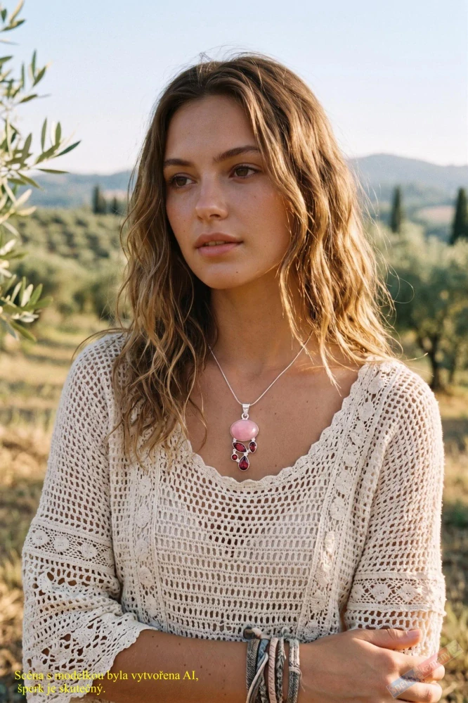 Originální stříbrný přívěsek (Ag 925/1000) v boho stylu s morganitem a broušeným granátem almandin QA, cca 32 x 18 mm, "šperk pro něžnou vílu" (MGG1815P)