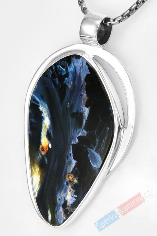 Větší unisex stříbrný přívěsek (Ag 925/1000) s pietersitem QAA, cca 47 x 34 mm, "bouře v srdce", RARITA (PS1517P)