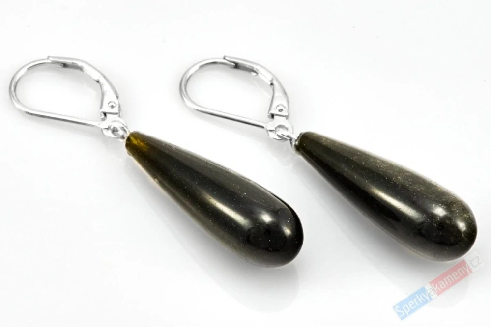 Náušnice ze zlatistvého obsidiánu QA, stříbro Ag 925/1000, oblé kapky cca 26 x 8 mm (OB6051U)