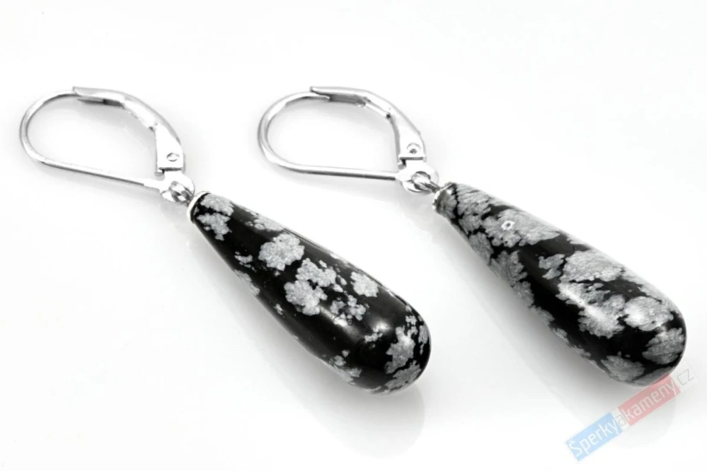 Náušnice ze sněžného obsidiánu QA, stříbro Ag 925/1000, oblé kapky cca 25 x 8 mm (OB5445U)