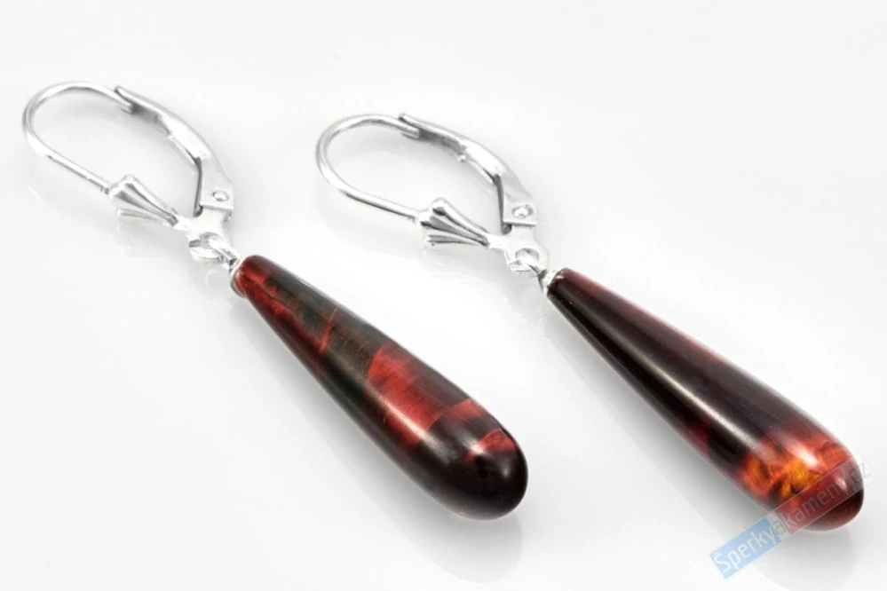 Náušnice z býčího oka QA, stříbro Ag 925/1000, oblé štíhlé kapky cca 25 x 6 mm (BO4537U)