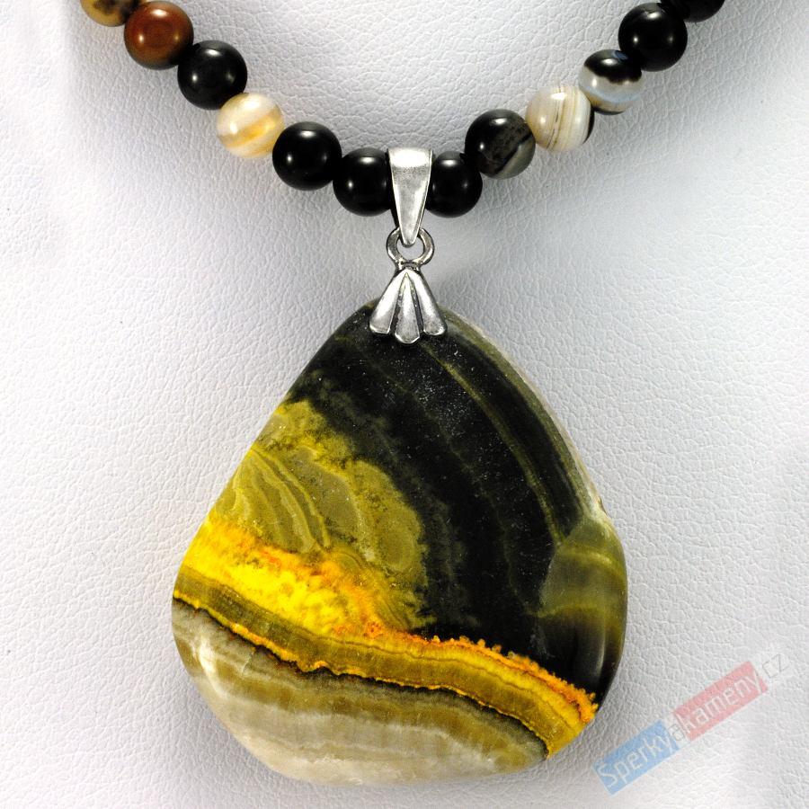 Náhrdelník z bumblebee jaspisu a onyxu "let čmeláka XII", RARITA (JSB461S)