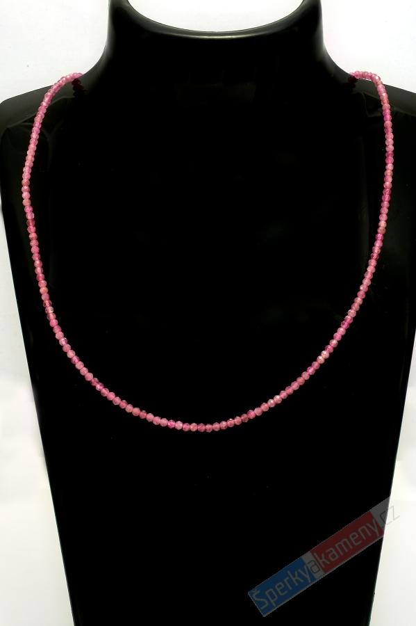 Náhrdelník z broušeného turmalínu rubelitu QAA, kuličky cca 2 mm, stříbro Ag 925/1000 (RB600B)