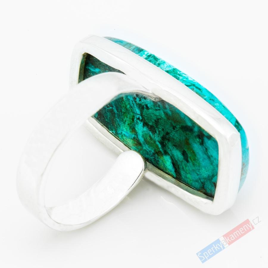 Unisex stříbrný prsten (Ag 925/1000) s dioptasem v chryzokolu QA, vel. kamene cca 27 x 16 mm, nádherné probarvení, RARITA (DI1212R)