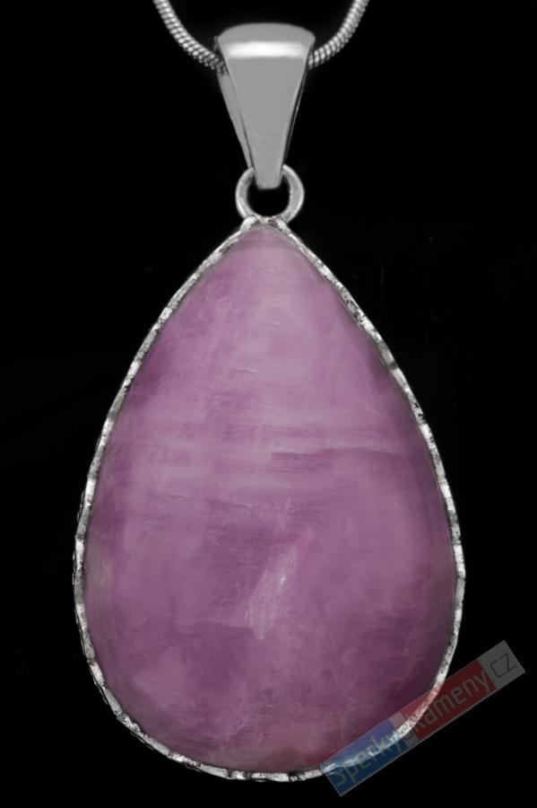 Stříbrný přívěsek (Ag 925/1000) s kunzitem QAA, velká kapka cca 41 x 28 mm, nádherná sytá barva, RARITA (KT2542P)
