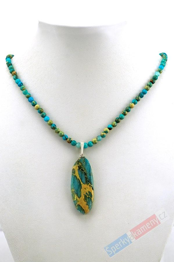 Originální náhrdelník v boho stylu z variscitu s přívěskem QA, stříbro Ag 925/1000, "barvy přírody Bolívie" (VA5145S)
