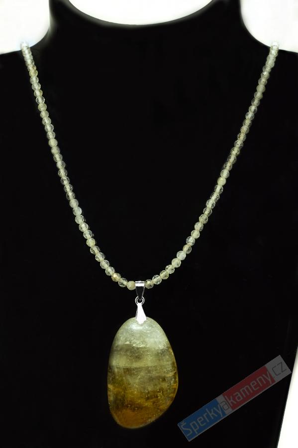 Náhrdelník v boho stylu z broušeného sagenitu s přívěskem z dvojlomného zlatého kalcitu QAA, stříbro Ag 925/1000, "sluneční paprsky", RARITA (ZKS6655S)