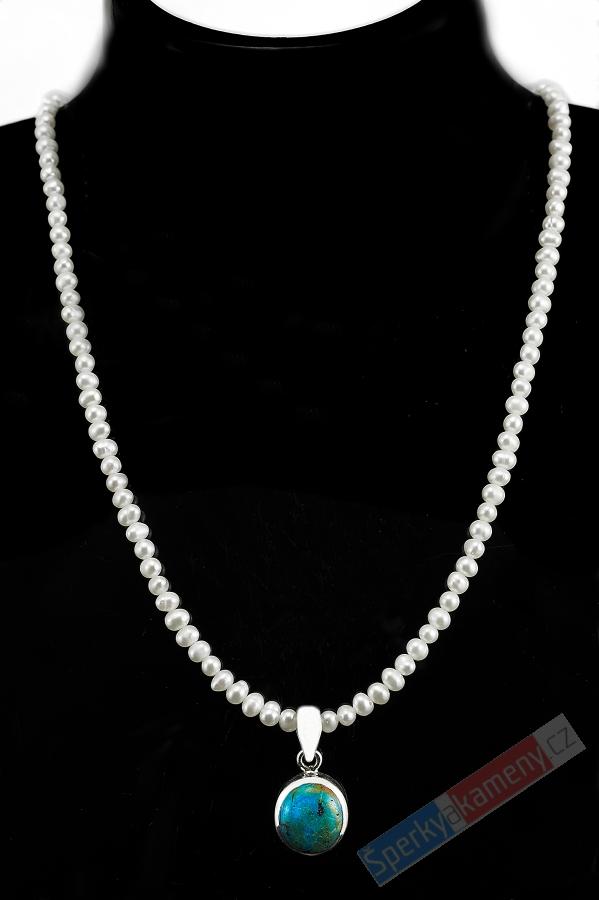 Minimalistický náhrdelník v boho stylu z bílých perel s přívěskem z peruánského modrého opálu QA, stříbro Ag 925/1000, "princezna z rodu Inků", RARITA (OPE7261S)