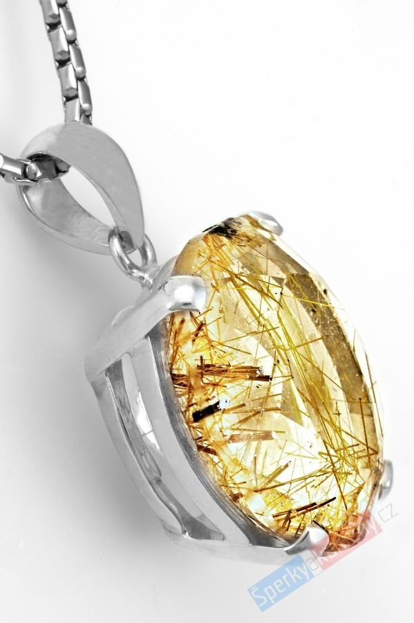 Stříbrný přívěsek (Ag 925/1000) s broušeným sagenitem QA, ovál cca 22 x 20 mm, RARITA (KRS1513P)