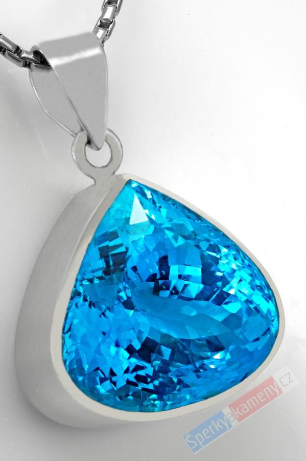 Velký jedinečný stříbrný přívěsek (Ag 925/1000) se Swiss Blue topazem QAA, široká kapka cca 23 x 23 mm, "laguna Bora Bora" (TP5142P)