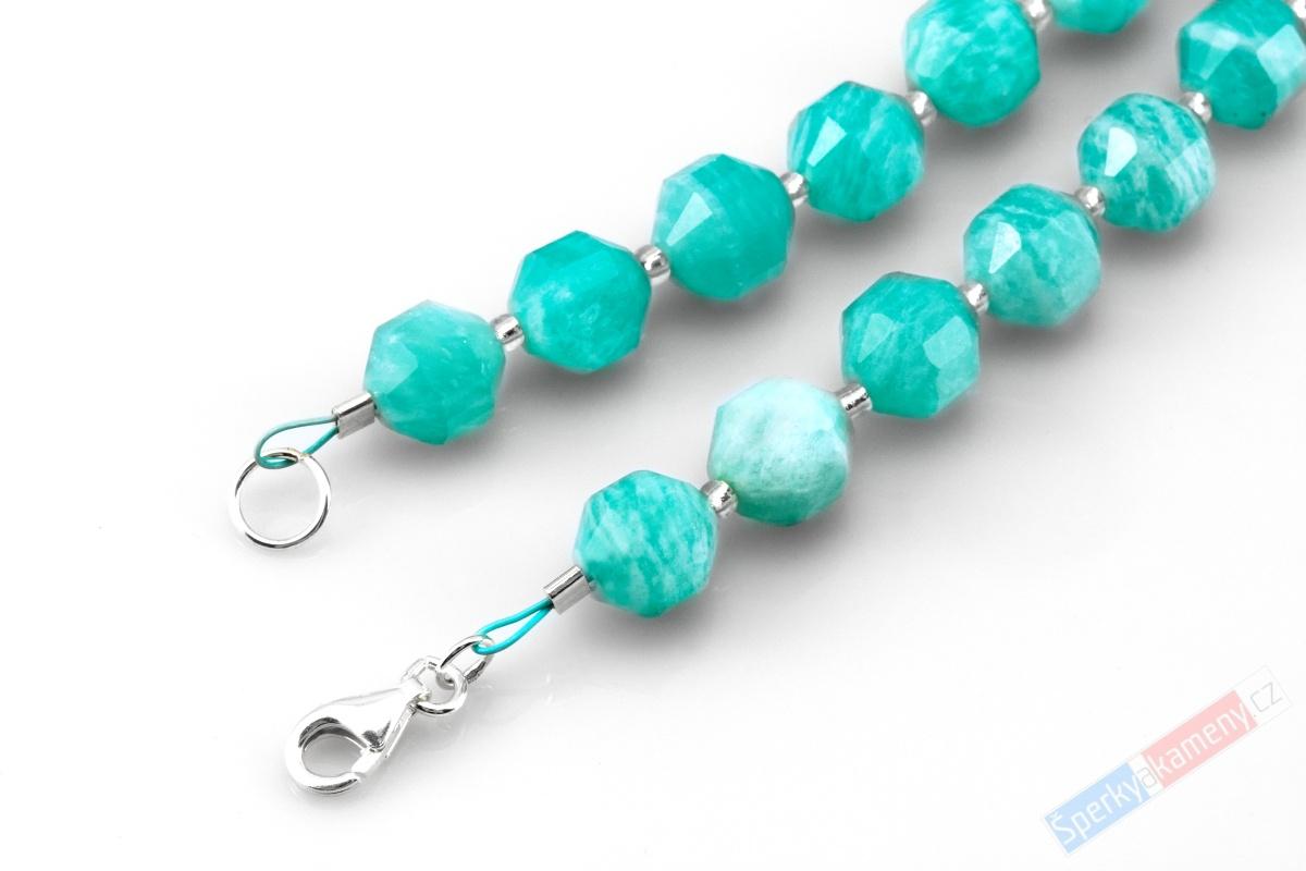 Náhrdelník z broušeného amazonitu z Peru QA, kuličky cca 8 mm, stříbro Ag 925/1000, nádherná tyrkysová barva (AIT9075B)