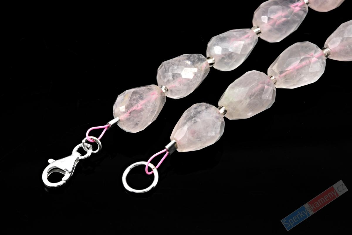 Náhrdelník z broušeného růženínu QA, kapky cca 10 mm, stříbro Ag 925/1000, krásná světle růžová barva (R4841B)