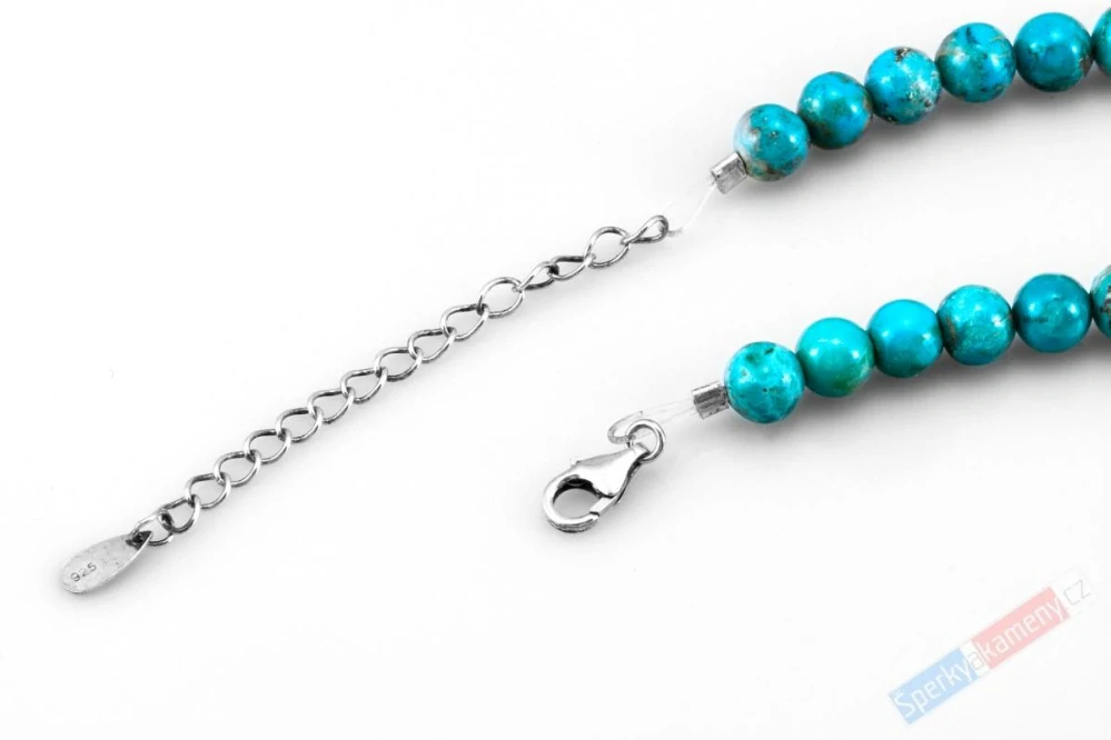 Náhrdelník z arizonského tyrkysu QA, stříbro Ag 925/1000, kuličky cca 6 mm, mírné tmavší prorosty, RARITA (TYS1333S) 