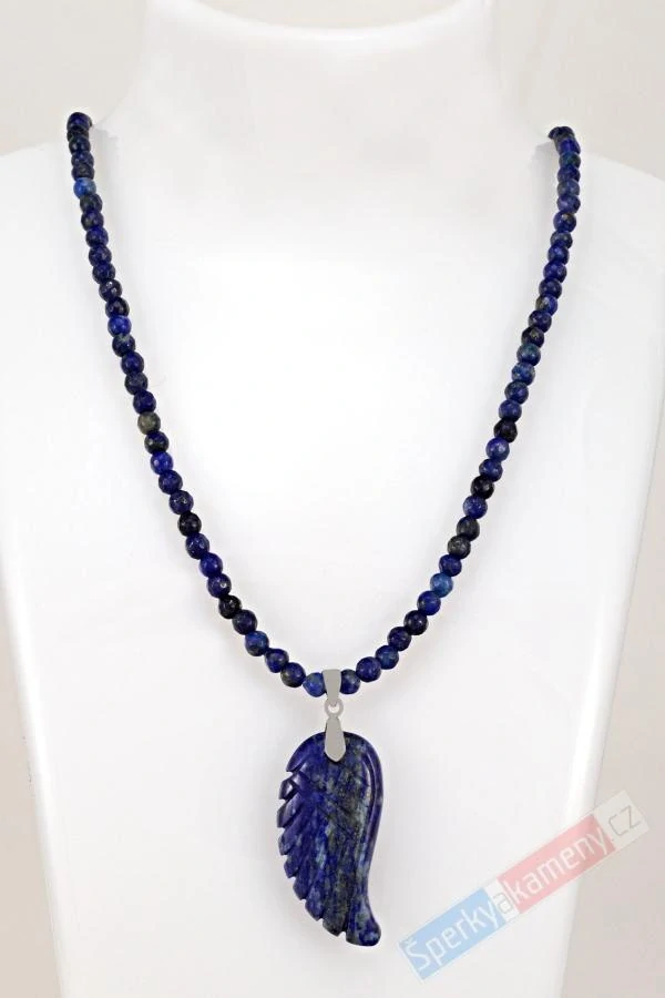 Náhrdelník z lapisu lazuli s přívěskem ve tvaru andělského křídla QA, stříbro Ag 925/1000 (LL6776S)
