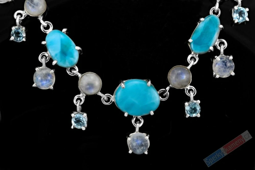 Originální náhrdelník v boho stylu z larimaru QAA, Sky Blue topazu QA a měsíčního kamene QA, stříbro Ag 925/1000, "šperk princezny z Karibského moře", RARITA (LTM7261S)
