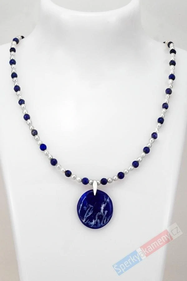 Náhrdelník v boho stylu z lapisu lazuli QA a sladkovodních perel s přívěskem z amerického Plume Agate s lapisem lazuli QAA, stříbro Ag 925/1000, "šperk štěstí pro princeznu z korálového moře" (LPA1439S)