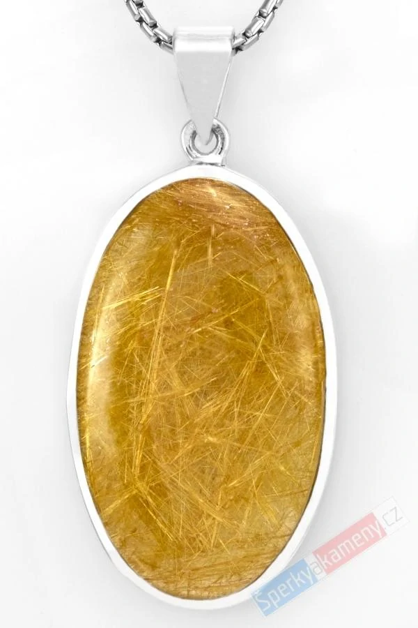 Větší stříbrný přívěsek (Ag 925/1000) se sagenitem QAA, ovál cca 42 x 25 mm, RARITA (KRS2427P)