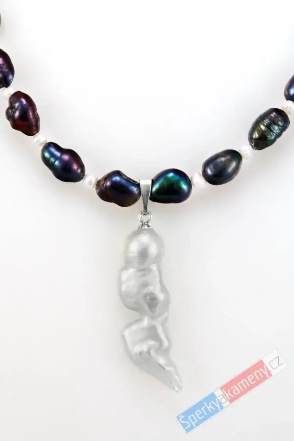 Originální náhrdelník v boho stylu ze sladkovodních multicolor a bílých perel s přívěskem z Biwa perly QA, stříbro Ag 925/1000, "šperk pro jezerní princeznu III" (PMC5445S)