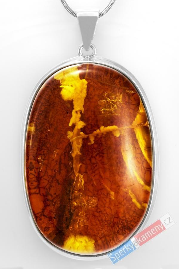 Velký stříbrný přívěsek (Ag 925/1000) s baltským jantarem QAA, cca 58 x 40 mm, "krajka z medu III" (JA3981P)