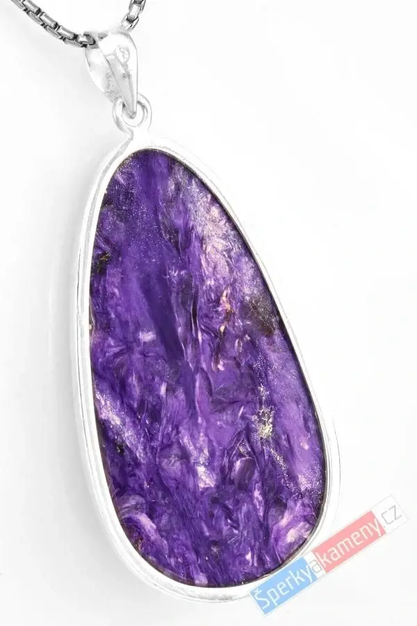 Velký stříbrný přívěsek (Ag 925/1000) s čaroitem QAA, cca 54 x 30 mm, nádherné probarvení (CA2422P)