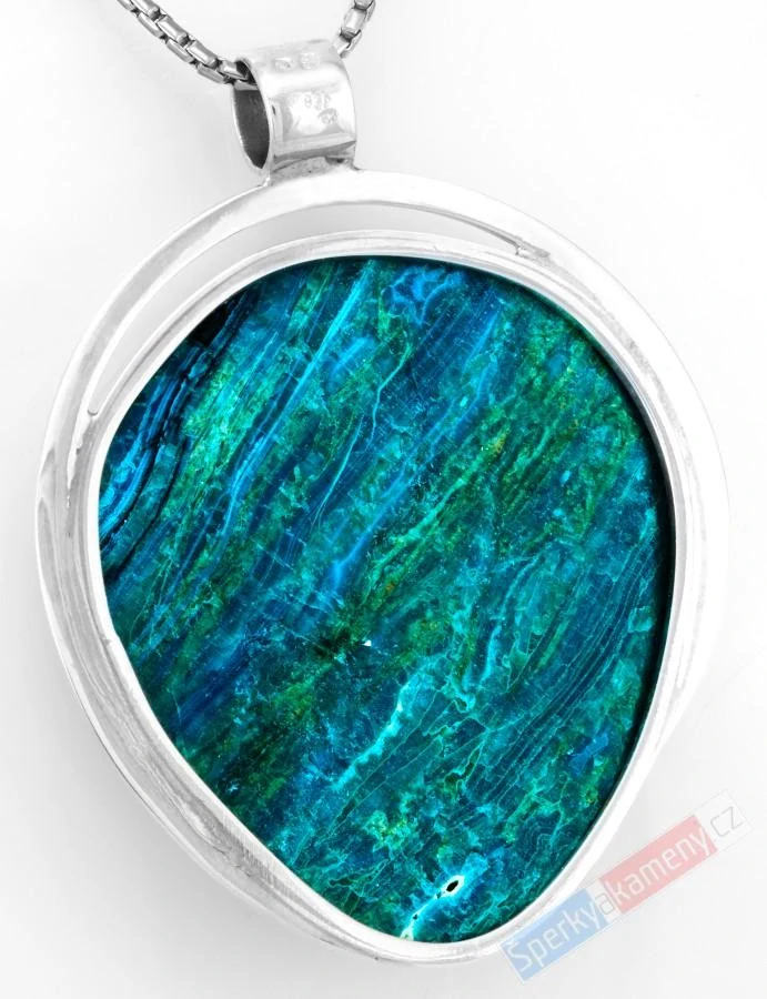 Velký stříbrný přívěsek (Ag 925/1000) s peruánským Royal opálem QAA, cca 51 x 46 mm, nádherné probarvení modré a smaragdově zelené, "mořské proudy", RARITA (OPE3027P)
