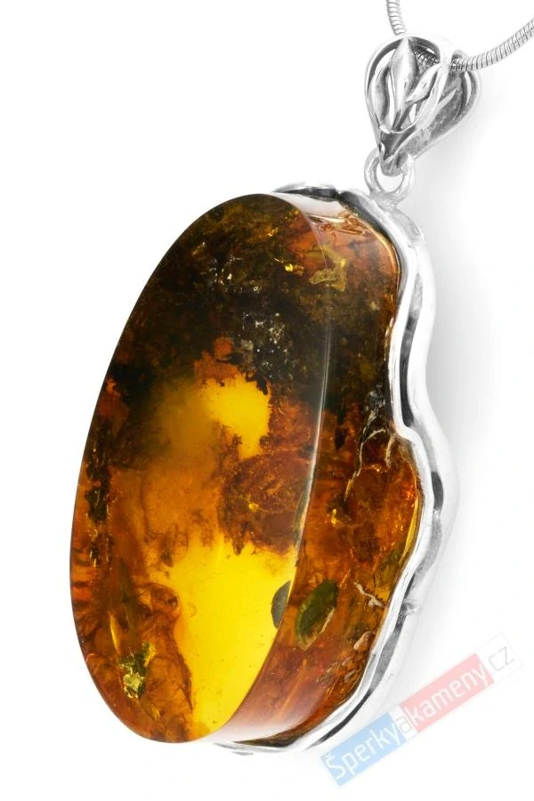 Velký stříbrný přívěsek (Ag 925/1000) s baltským jantarem QAA, cca 50 x 30 mm, "krása jantarové zahrady" (JA3449P)