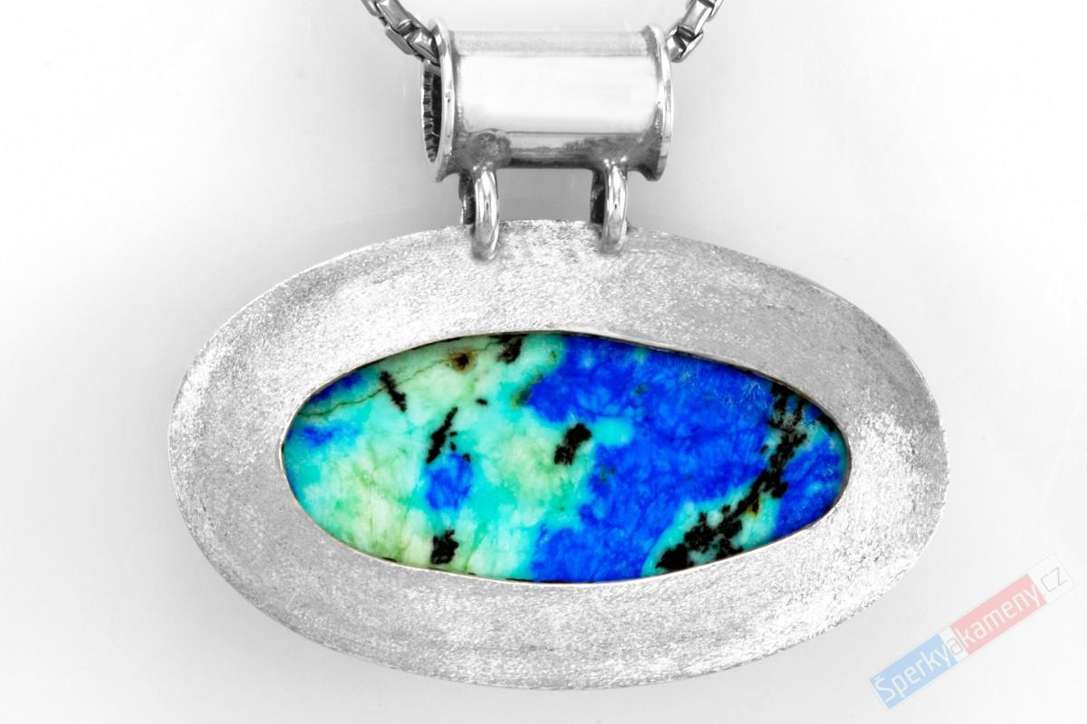 Stříbrný přívěsek (Ag 925/1000) s azuritem v tyrkysu QA, cca 24 x 40 mm, "obrazy přírody", RARITA (AZT1451P)