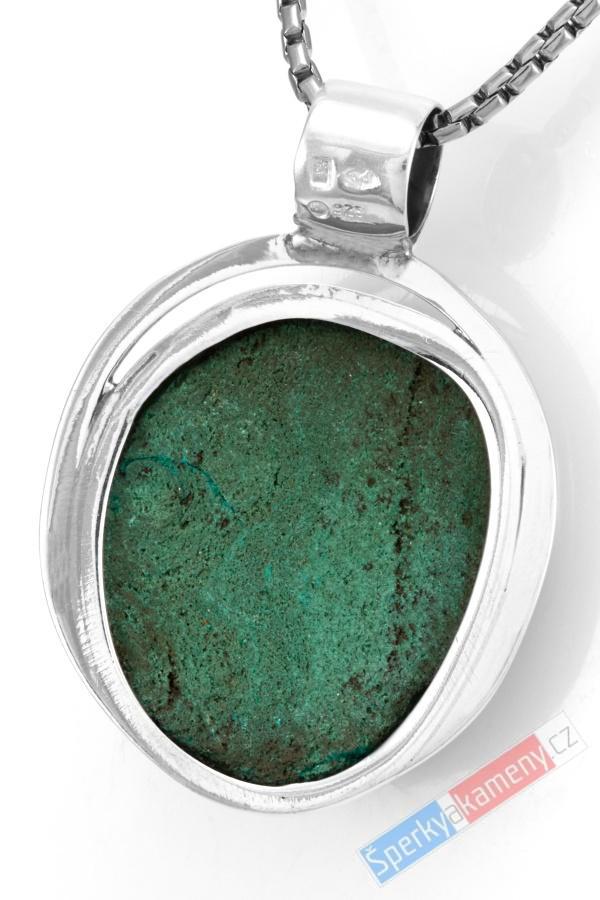 Unisex stříbrný přívěsek (Ag 925/1000) s přírodním dioptasem QAA, cca 33 x 28 mm, nádherná barva, "kámen srdce II", RARITA (DI1614P)