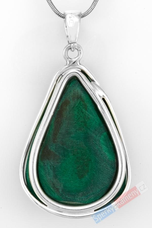 Větší stříbrný přívěsek (Ag 925/1000) s malachitem QAA, kapka cca 44 x 32 mm, nádherná kresba (MA1876P)