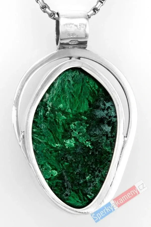 Unisex stříbrný přívěsek (Ag 925/1000) s přírodním malachitem QAA, cca 36 x 28 mm, "zelený samet" (MA1583P)