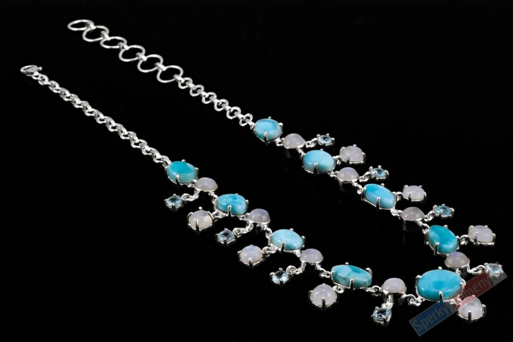 Originální náhrdelník v boho stylu z larimaru QAA, Sky Blue topazu QA a měsíčního kamene QA, stříbro Ag 925/1000, "šperk princezny z Karibského moře", RARITA (LTM7261S)
