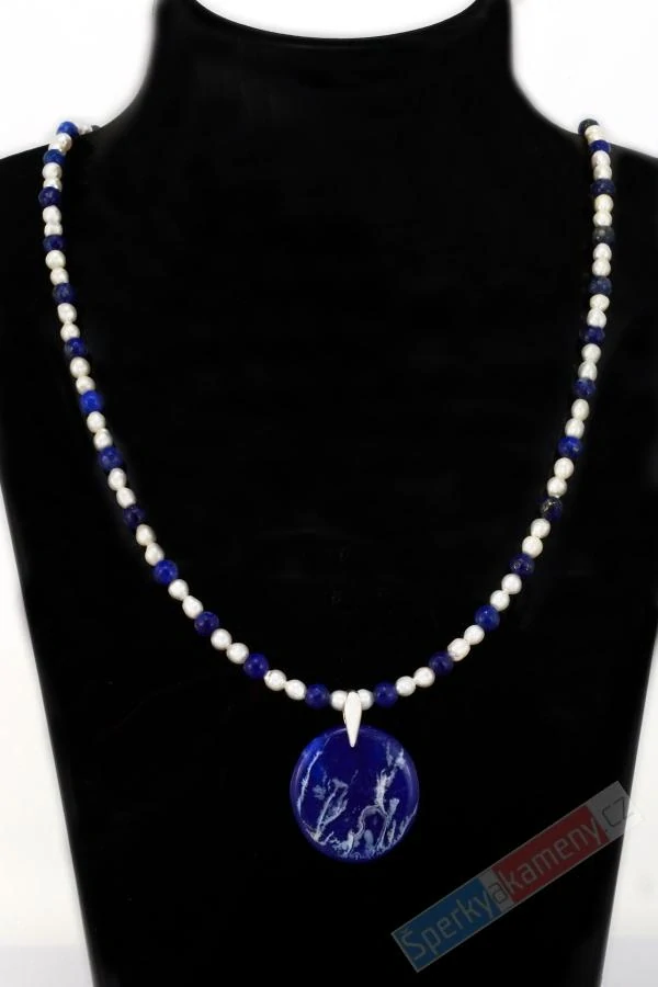 Náhrdelník v boho stylu z lapisu lazuli QA a sladkovodních perel s přívěskem z amerického Plume Agate s lapisem lazuli QAA, stříbro Ag 925/1000, "šperk štěstí pro princeznu z korálového moře" (LPA1439S)