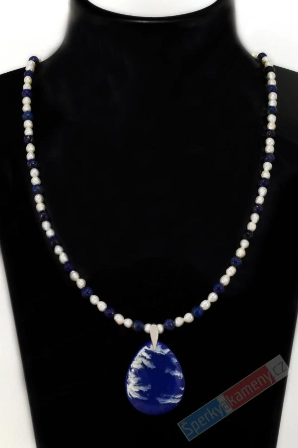 Náhrdelník v boho stylu z lapisu lazuli QA a sladkovodních perel s přívěskem z amerického Plume Agate s lapisem lazuli QAA, stříbro Ag 925/1000, "šperk štěstí pro princeznu z korálového moře" (LPA1438S)