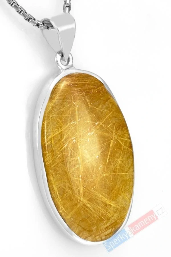 Větší stříbrný přívěsek (Ag 925/1000) se sagenitem QAA, ovál cca 42 x 25 mm, RARITA (KRS2427P)