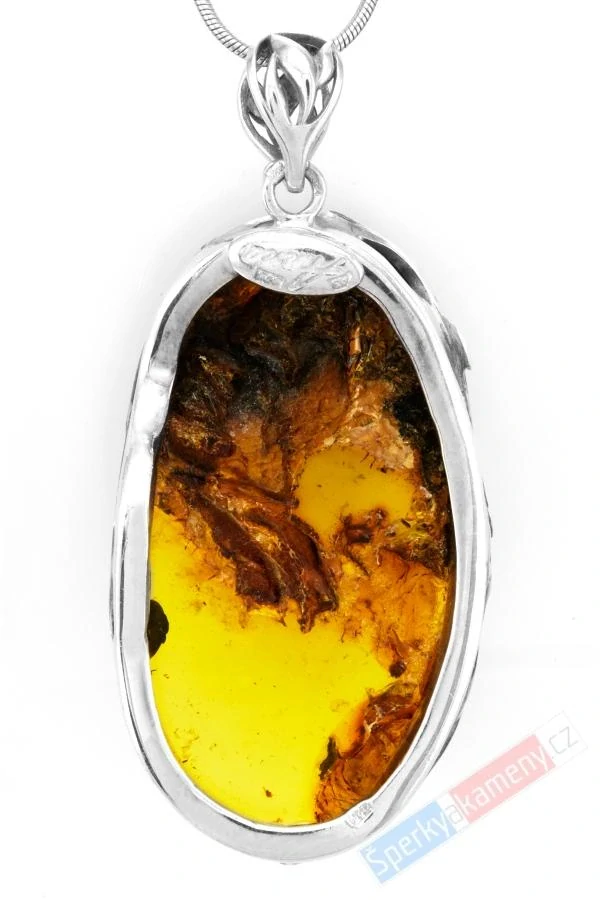 Velký stříbrný přívěsek (Ag 925/1000) s baltským jantarem QAA, cca 50 x 30 mm, "krása jantarové zahrady" (JA3449P)