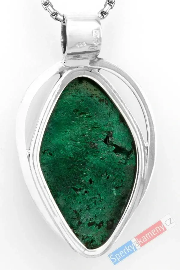 Stříbrný přívěsek (Ag 925/1000) s přírodním malachitem QAA, cca 39 x 27 mm, "zelený samet" (MA1923P)