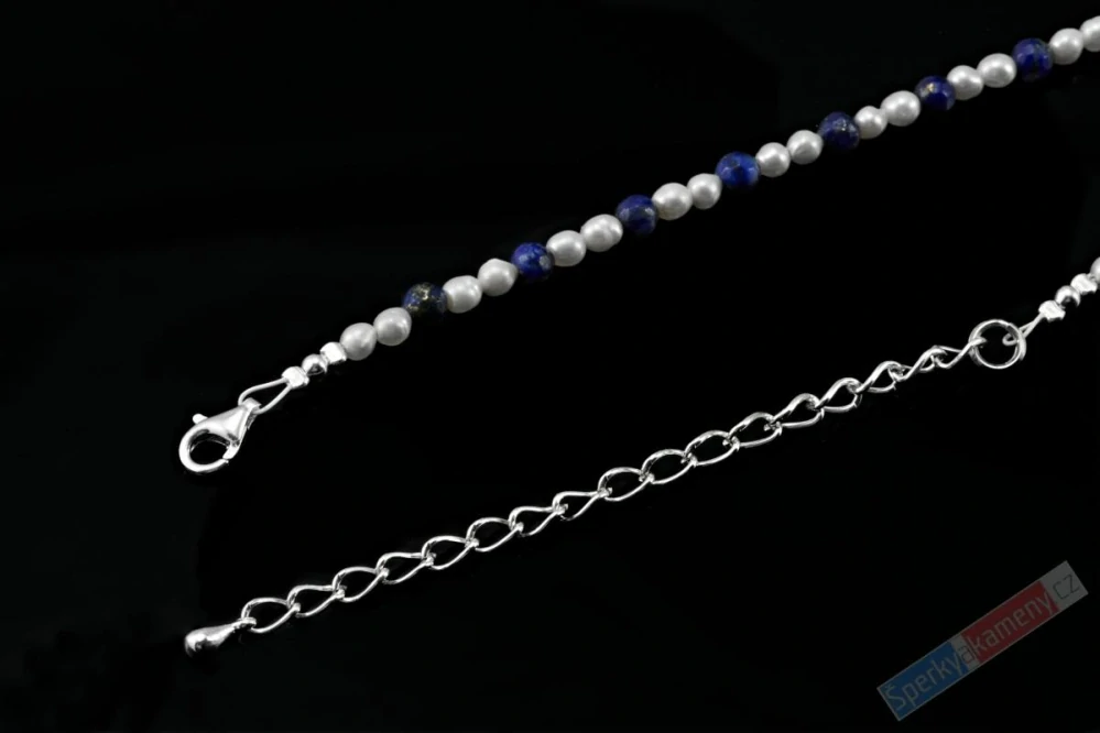 Náhrdelník v boho stylu z lapisu lazuli QA a sladkovodních perel s přívěskem z amerického Plume Agate s lapisem lazuli QAA, stříbro Ag 925/1000, "šperk štěstí pro princeznu z korálového moře" (LPA1439S)