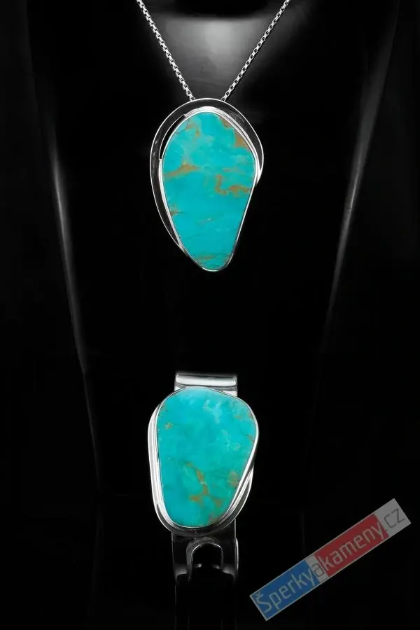 Originální sada z arménského tyrkysu QAA a stříbra Ag 925/1000, velký přívěsek cca 58 x 38 mm a náramek s kamenem cca 48 x 35 mm, "šperky pro princeznu", RARITA (TYS7939SA)