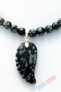 Náhrdelník ze sněžného obsidiánu s andělským křídlem "ochranná křídla andělů", stříbro Ag 925/1000 (OB4235S)
