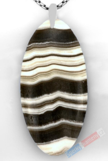Větší přívěsek z aragonitu zebra QAA, stříbro Ag 925/1000, ovál cca 49 x 24 mm (ZAG3073P)